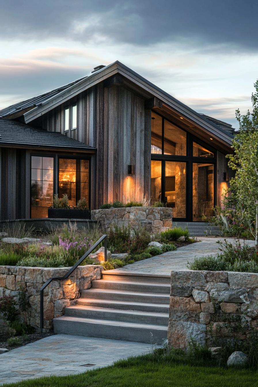 modern ranch house with rustic siding and part stone walls