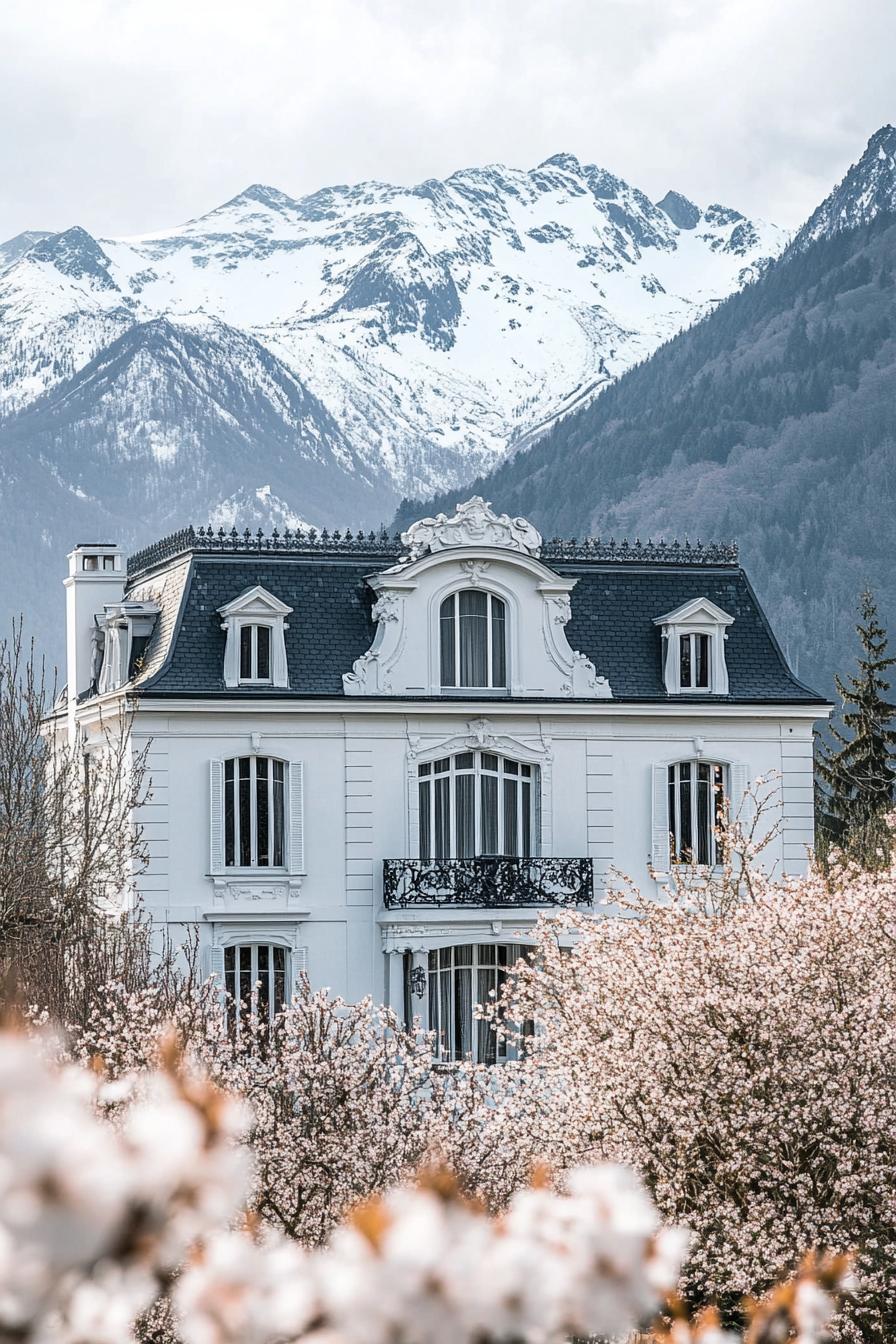 modern white french mansion with black roof blossoming trees in front stunning snow capped mountain in the background