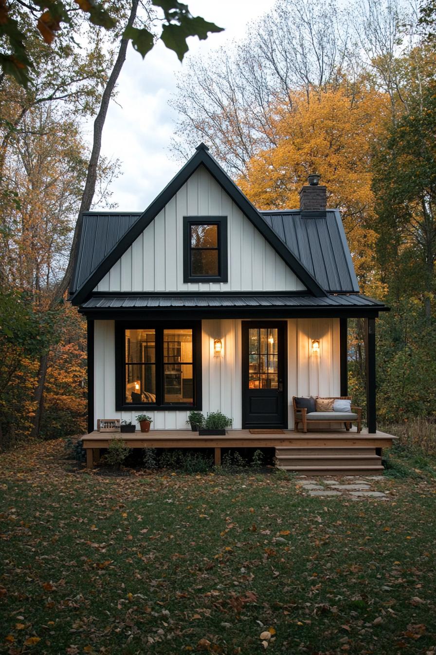 small elongated cottage house with black and white siding metal roof small porch 1