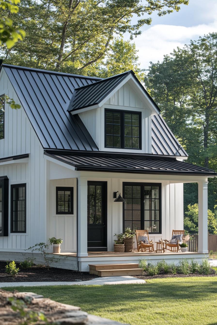 small elongated cottage house with black and white siding metal roof small porch