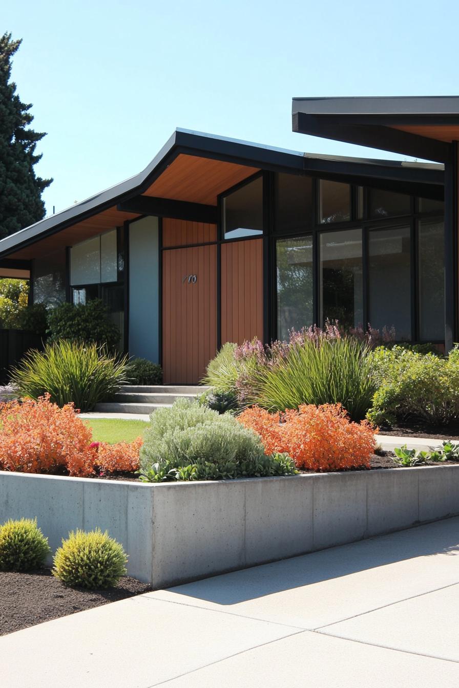 70s midcentury house geometric facade front yard with concrete planters 1