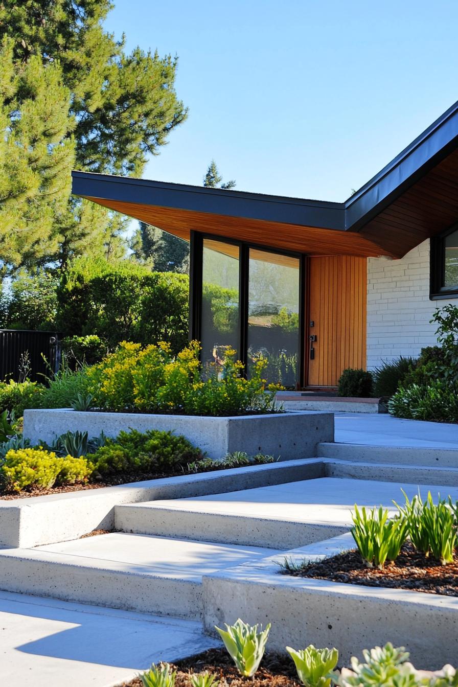 70s midcentury house geometric facade front yard with concrete planters 2