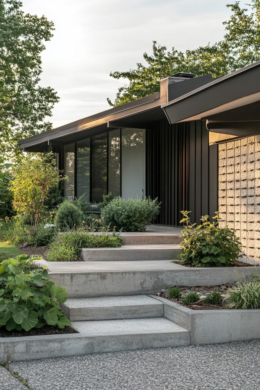 70s midcentury house geometric facade front yard with concrete planters 3