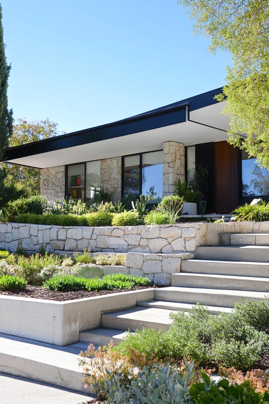 70s midcentury house geometric facade front yard with concrete planters