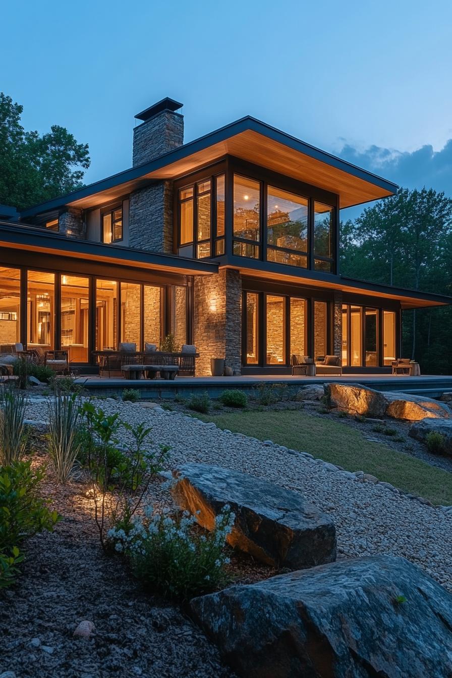 A beautiful modern mountain home in the Appalachian Mountains with large windows and a stone terrace overlooking the Blue Ridge Mountains at dusk 1