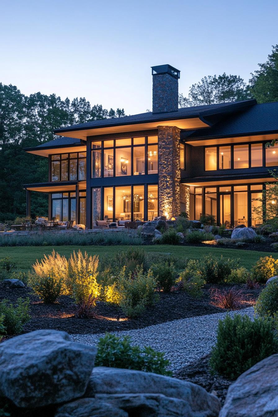 A beautiful modern mountain home in the Appalachian Mountains with large windows and a stone terrace overlooking the Blue Ridge Mountains at dusk 2