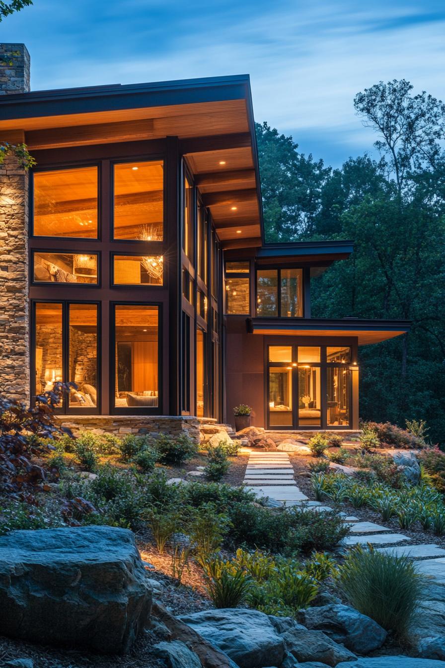 A beautiful modern mountain home in the Appalachian Mountains with large windows and a stone terrace overlooking the Blue Ridge Mountains at dusk