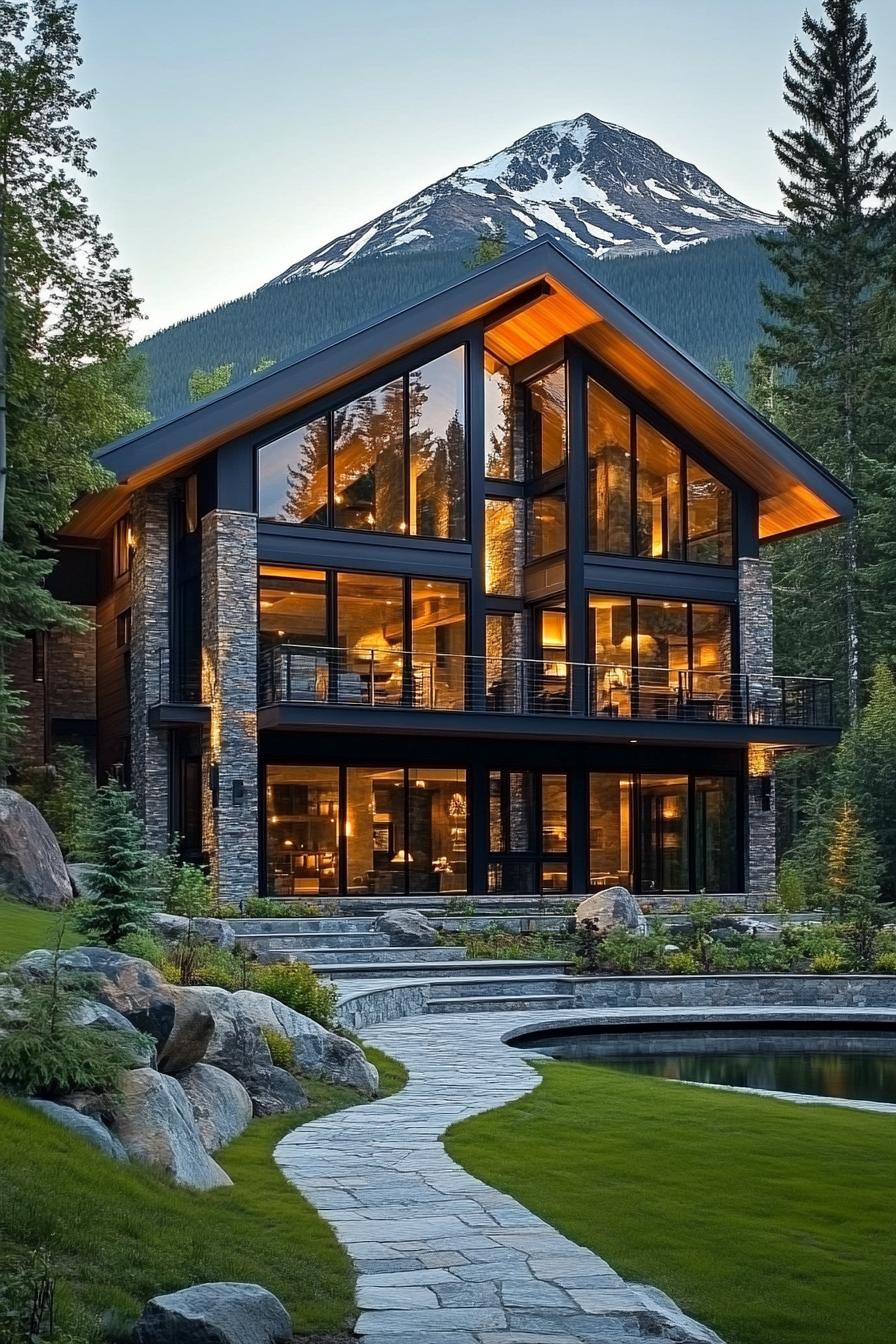 A modern three story house with a steep gabled roof combining natural stone and expansive glass walls. The structure features large floor to ceiling