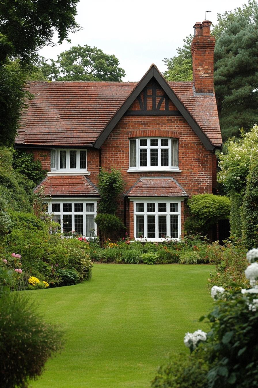 English country brick house with multi pitched roof chimney bay windows in white trim simple landscape with lawn and native plants with flowers