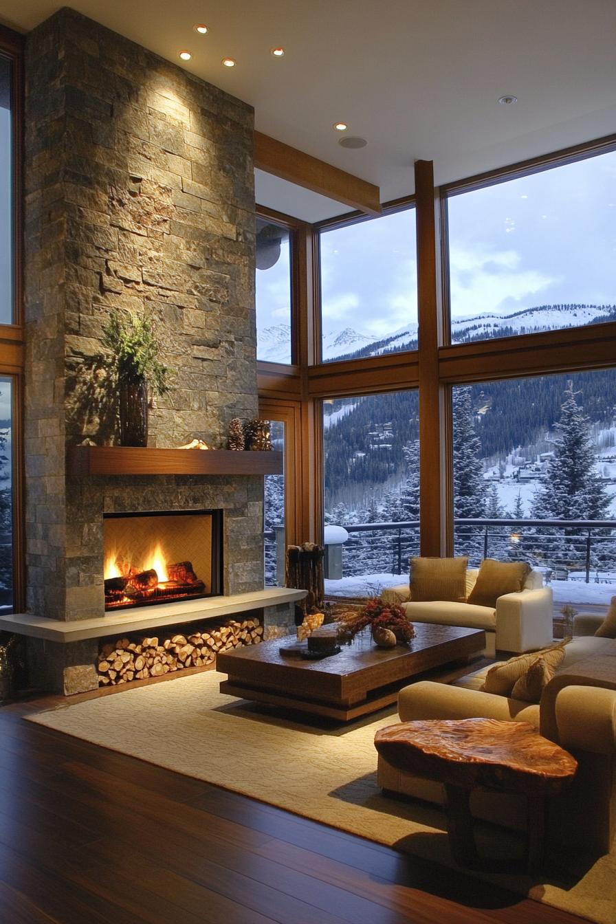 Modern mountain home interior. Dominating the area is a grand stone fireplace stretched vertically flanked by a stylish wood shelf with stacked logs 1