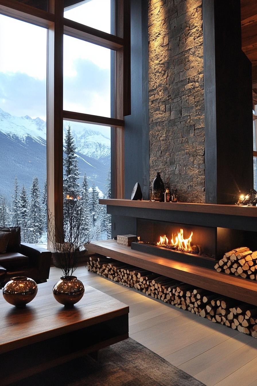 Modern mountain home interior. Dominating the area is a grand stone fireplace stretched vertically flanked by a stylish wood shelf with stacked logs 2