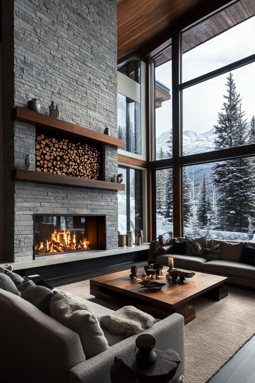 Modern mountain home interior. Dominating the area is a grand stone fireplace stretched vertically flanked by a stylish wood shelf with stacked logs