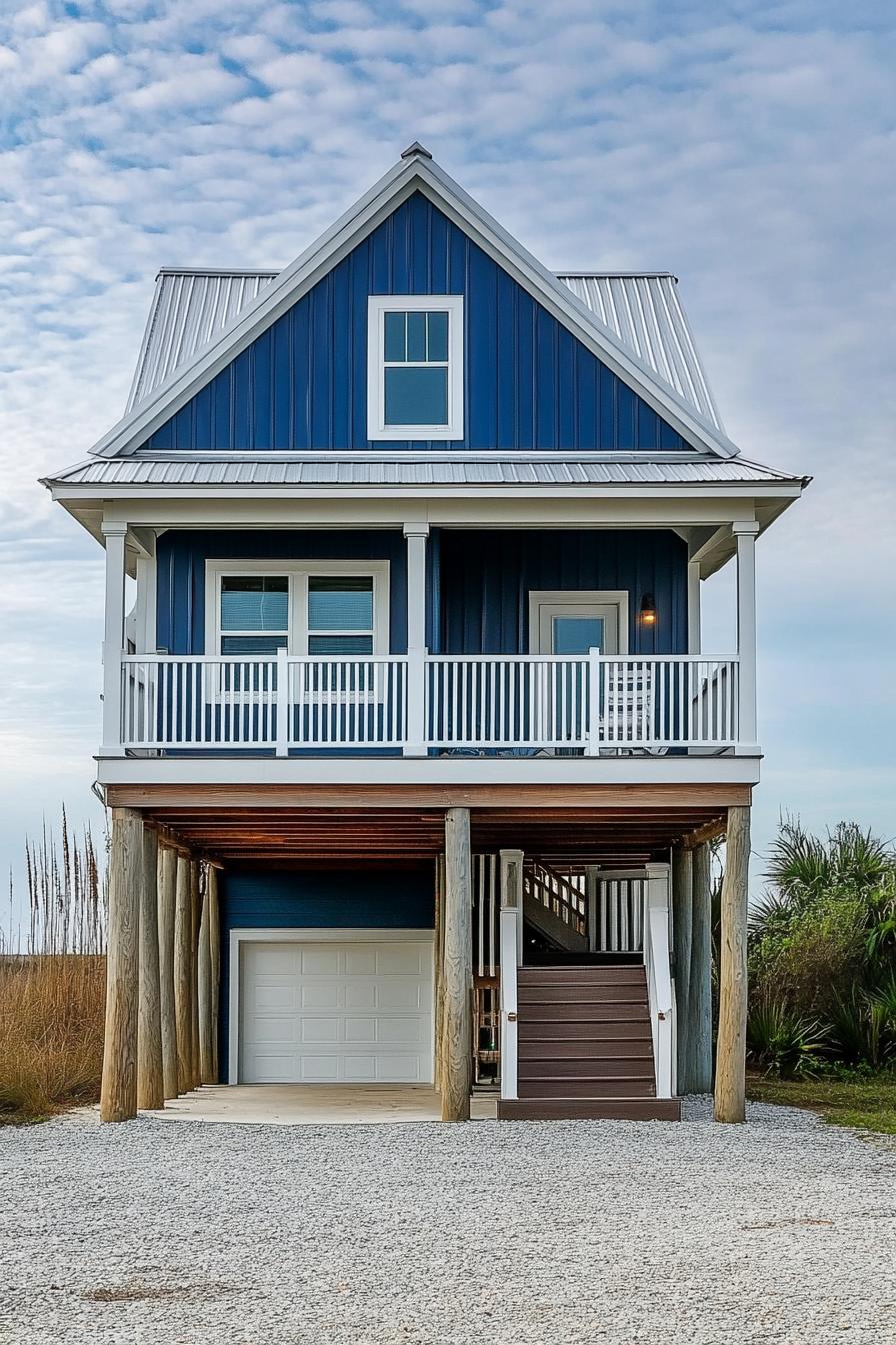 beach coastal house on stilts with ocean blue clapboard siding gery metal roof stairs lead to the entry door porch under a roof it has balcony