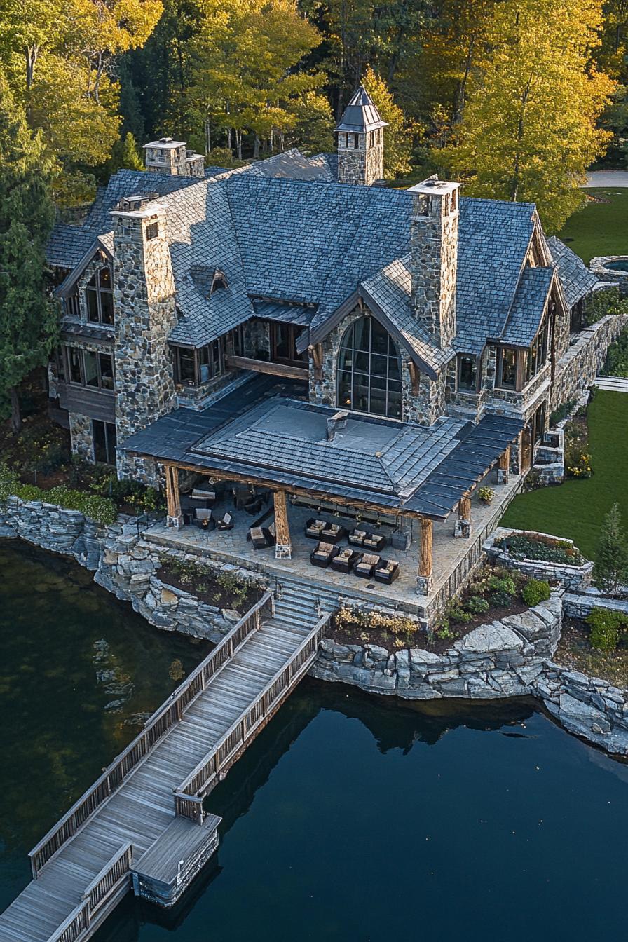 birds eye view of a lakefront mansion stone facade chimney multi pitched roof large porch area outdoor patio by the lake in front long wooden 1