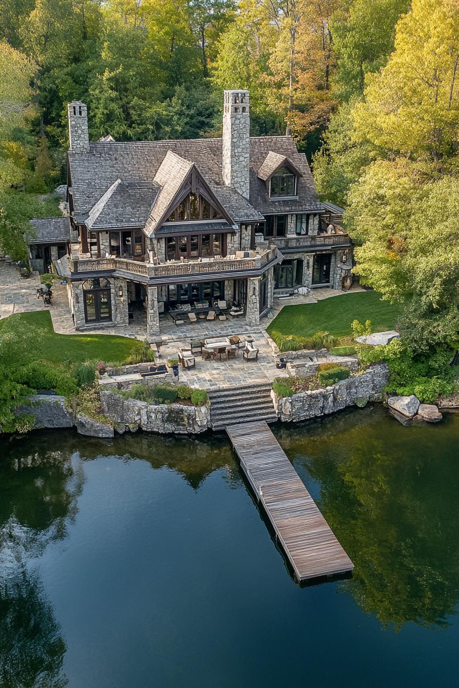 birds eye view of a lakefront mansion stone facade chimney multi pitched roof large porch area outdoor patio by the lake in front long wooden 2