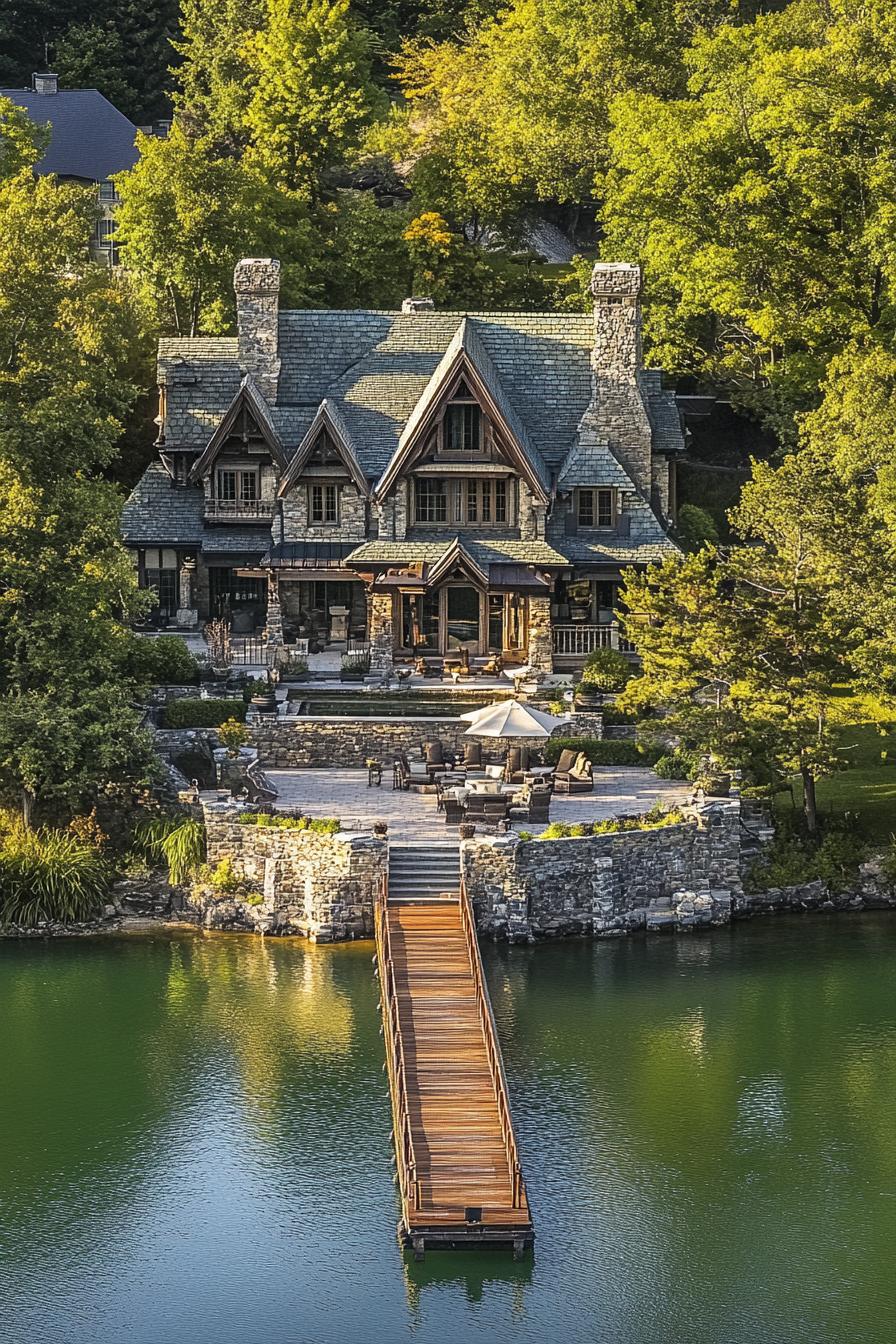 birds eye view of a lakefront mansion stone facade chimney multi pitched roof large porch area outdoor patio by the lake in front long wooden 3