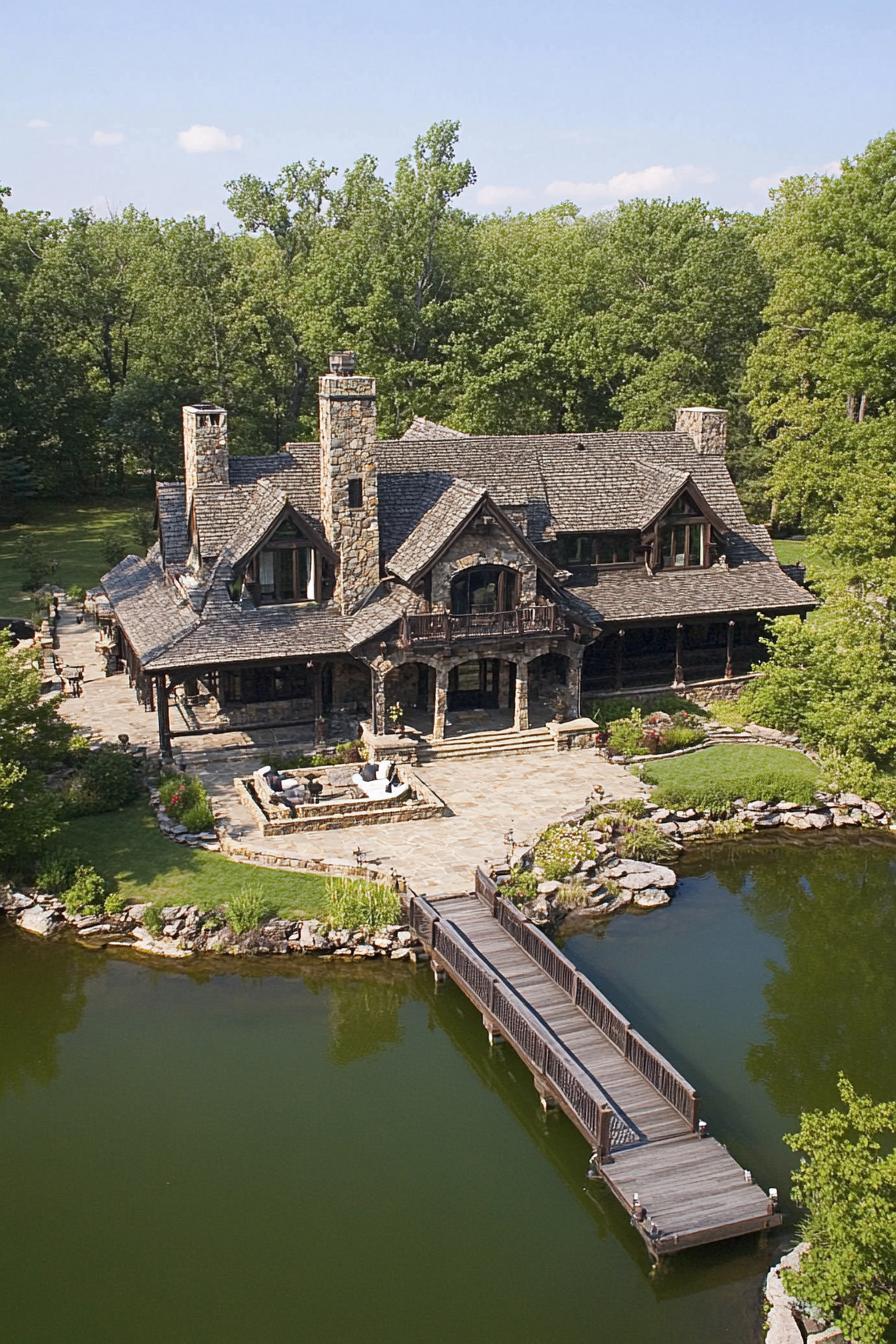 birds eye view of a lakefront mansion stone facade chimney multi pitched roof large porch area outdoor patio by the lake in front long wooden