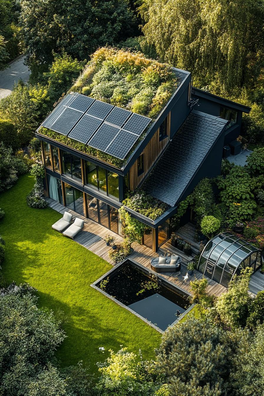 birds eye view of a modern cottage with pitched green living roof and solar panels theres a lush garden with trees and a pond a greenhouse a