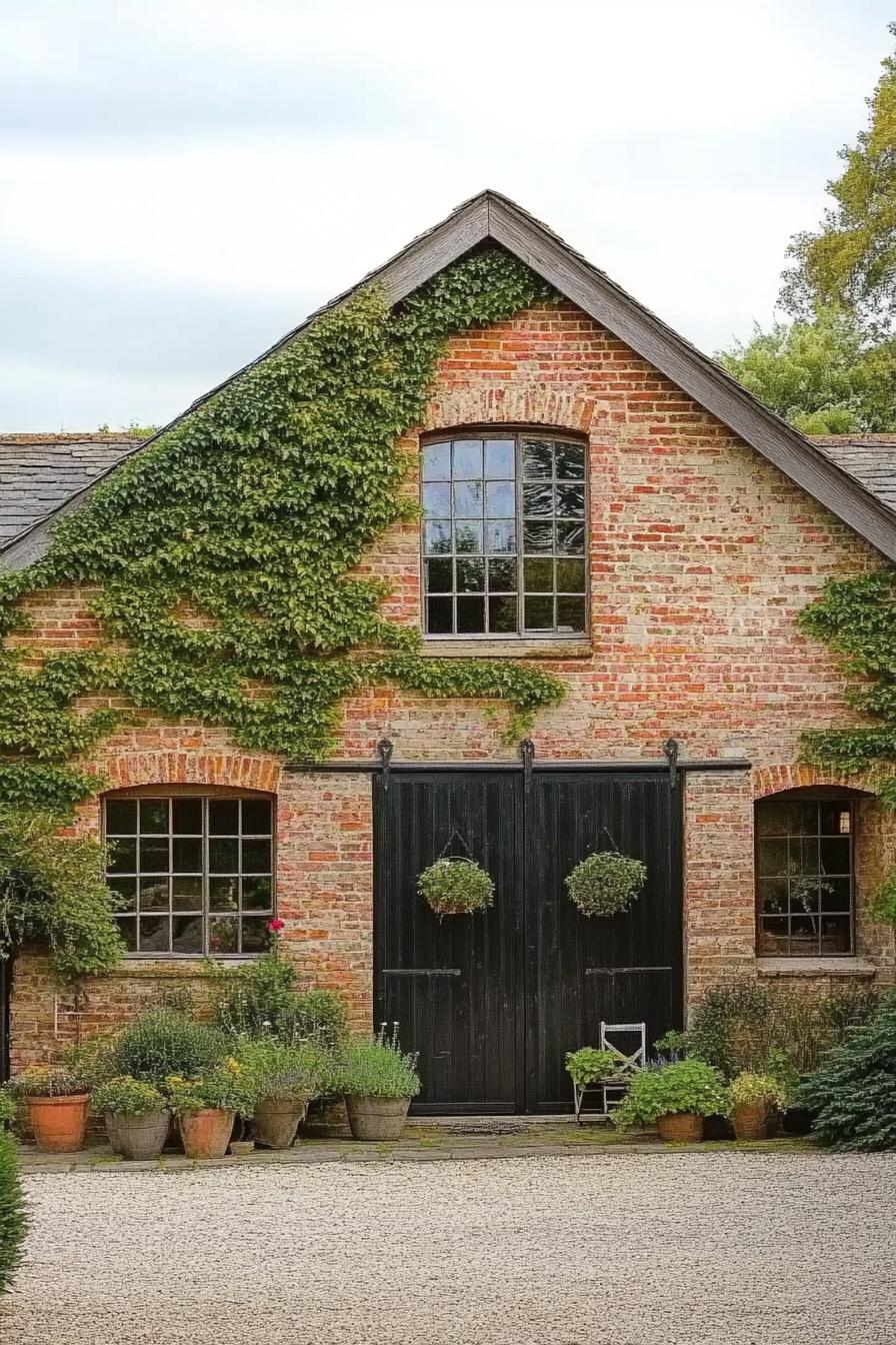 brick barn house facade with green climber vines 1