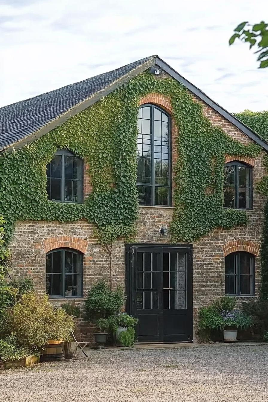 brick barn house facade with green climber vines 2