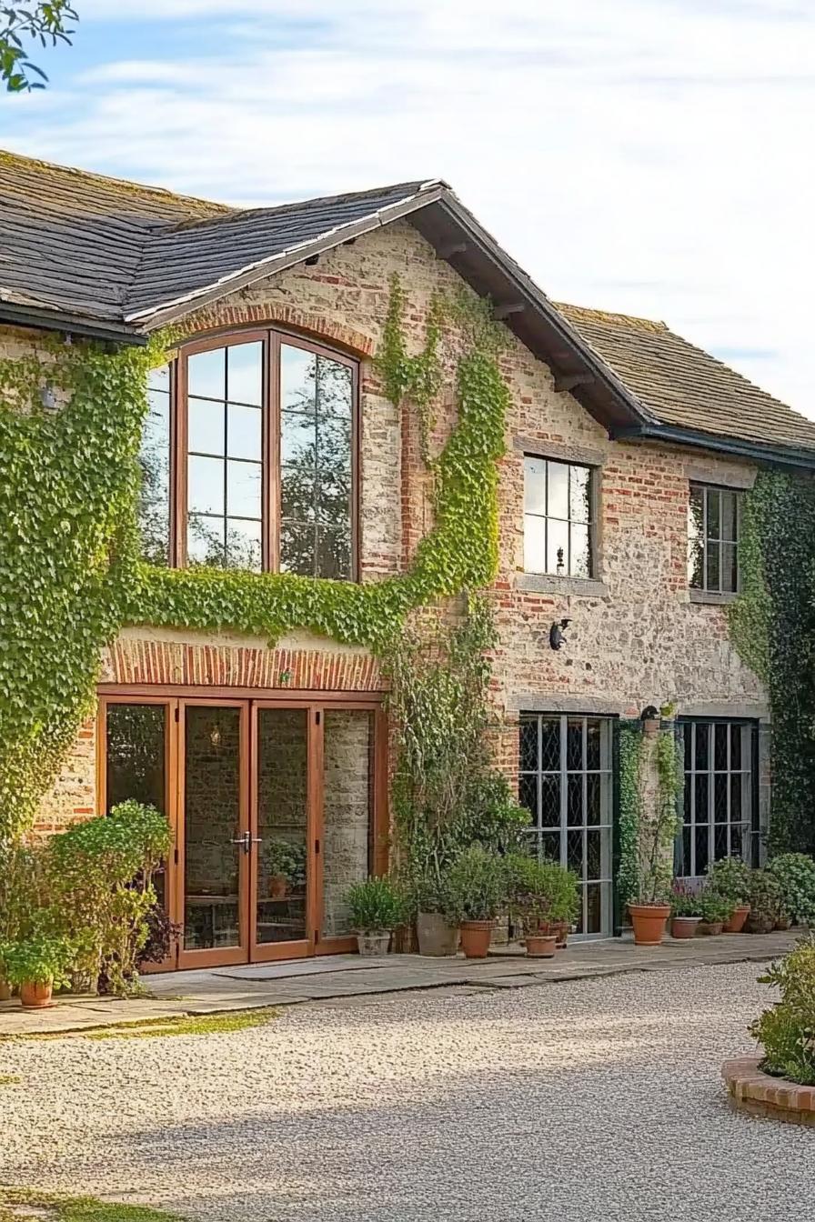 brick barn house facade with green climber vines 3