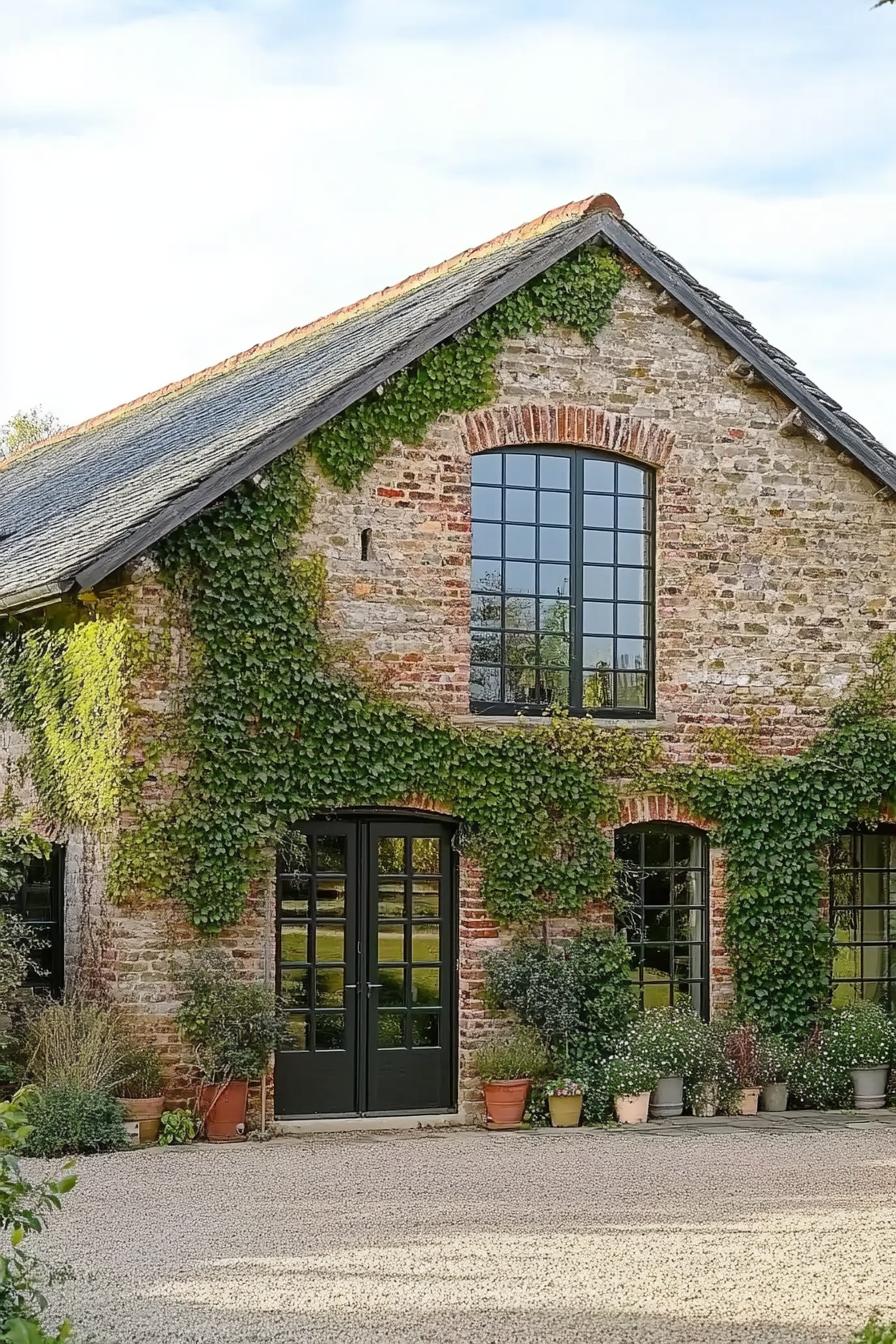 brick barn house facade with green climber vines