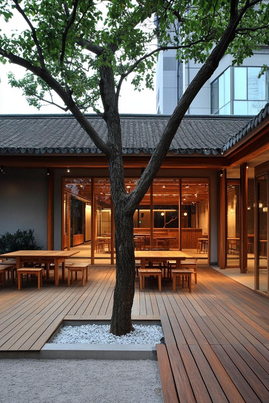 chinese inner courtyard with wooden deck bordered with concrete floor. theres a tall tree with gravel at its roots in the middle of the court wooden 1