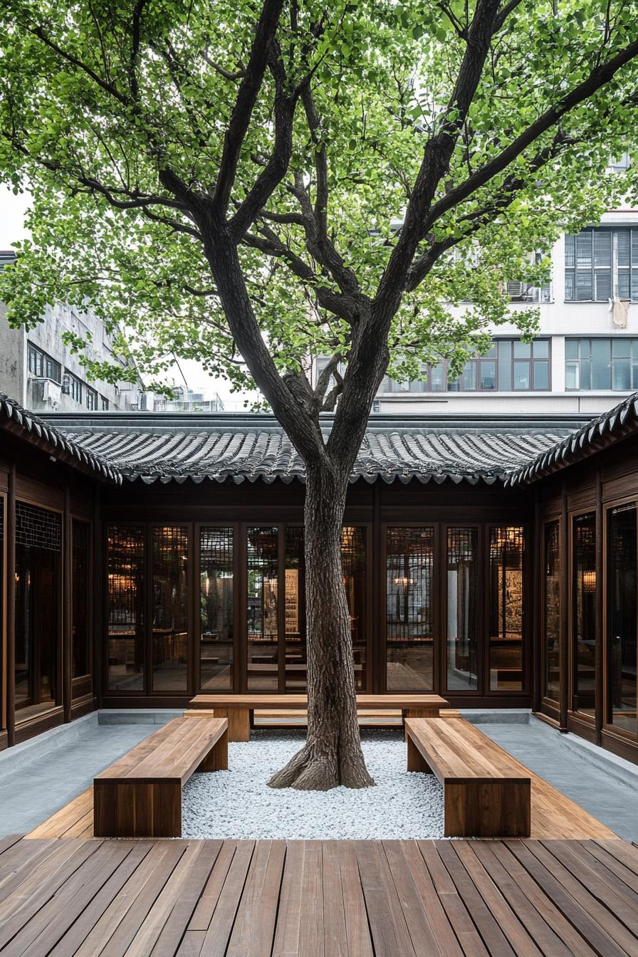 chinese inner courtyard with wooden deck bordered with concrete floor. theres a tall tree with gravel at its roots in the middle of the court wooden 2