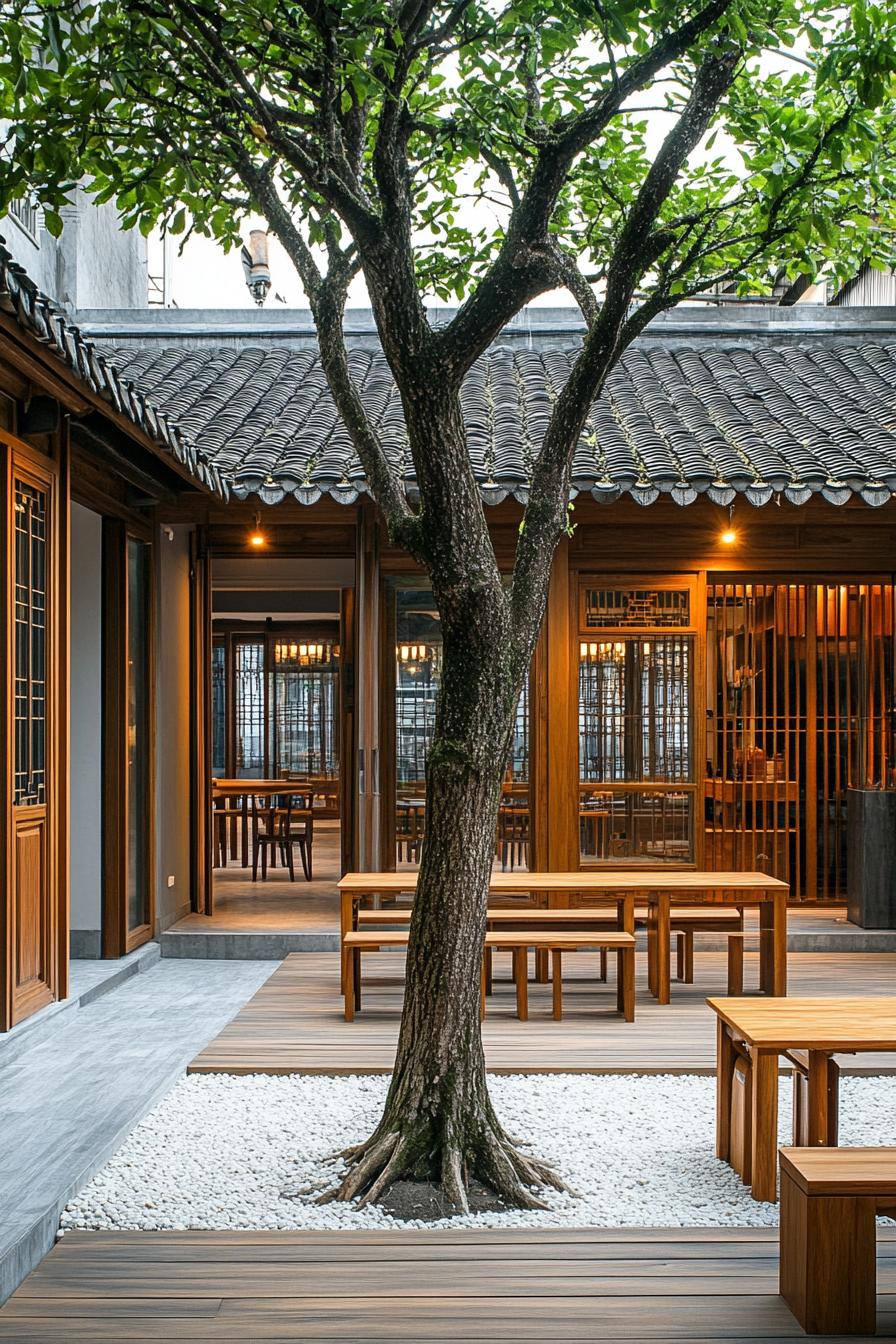 chinese inner courtyard with wooden deck bordered with concrete floor. theres a tall tree with gravel at its roots in the middle of the court wooden 3