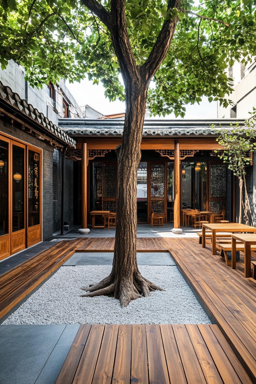 chinese inner courtyard with wooden deck bordered with concrete floor. theres a tall tree with gravel at its roots in the middle of the court wooden