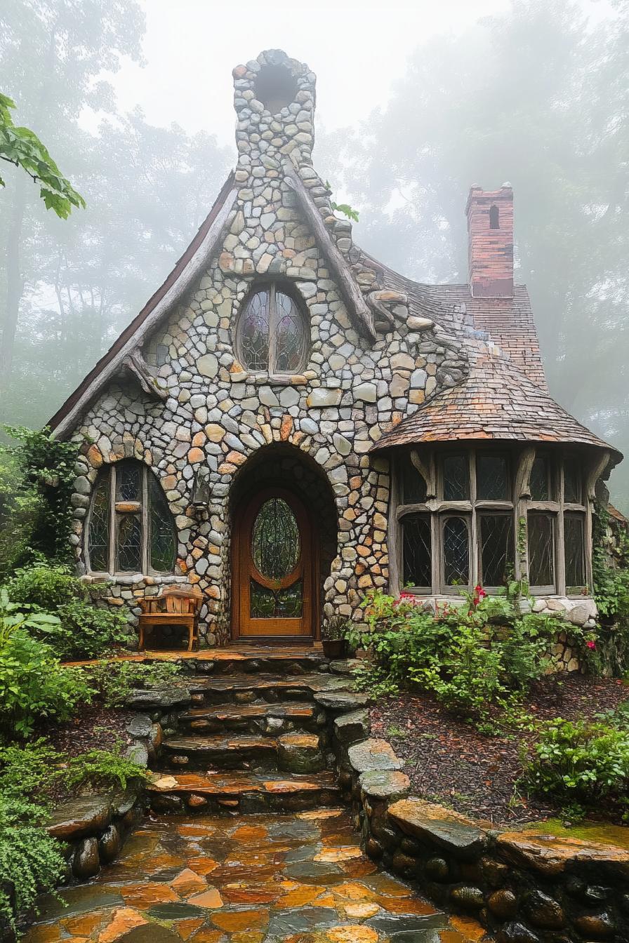 fairytale house with stone mosaic facade with a chimney rounded roof round windows arched door glass mosaics front entrance with steps facade 1