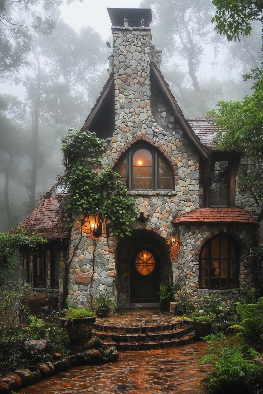 fairytale house with stone mosaic facade with a chimney rounded roof round windows arched door glass mosaics front entrance with steps facade 2