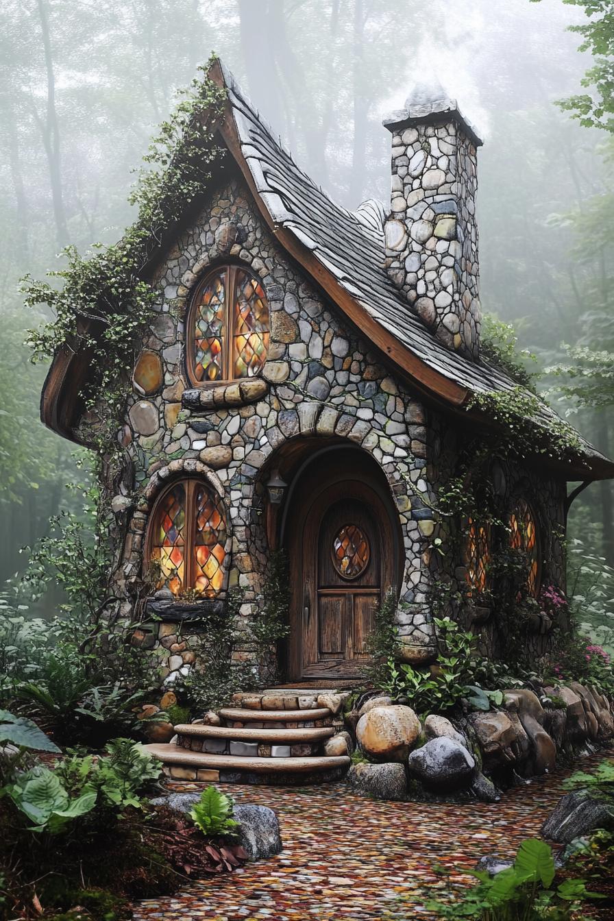 fairytale house with stone mosaic facade with a chimney rounded roof round windows arched door glass mosaics front entrance with steps facade 3