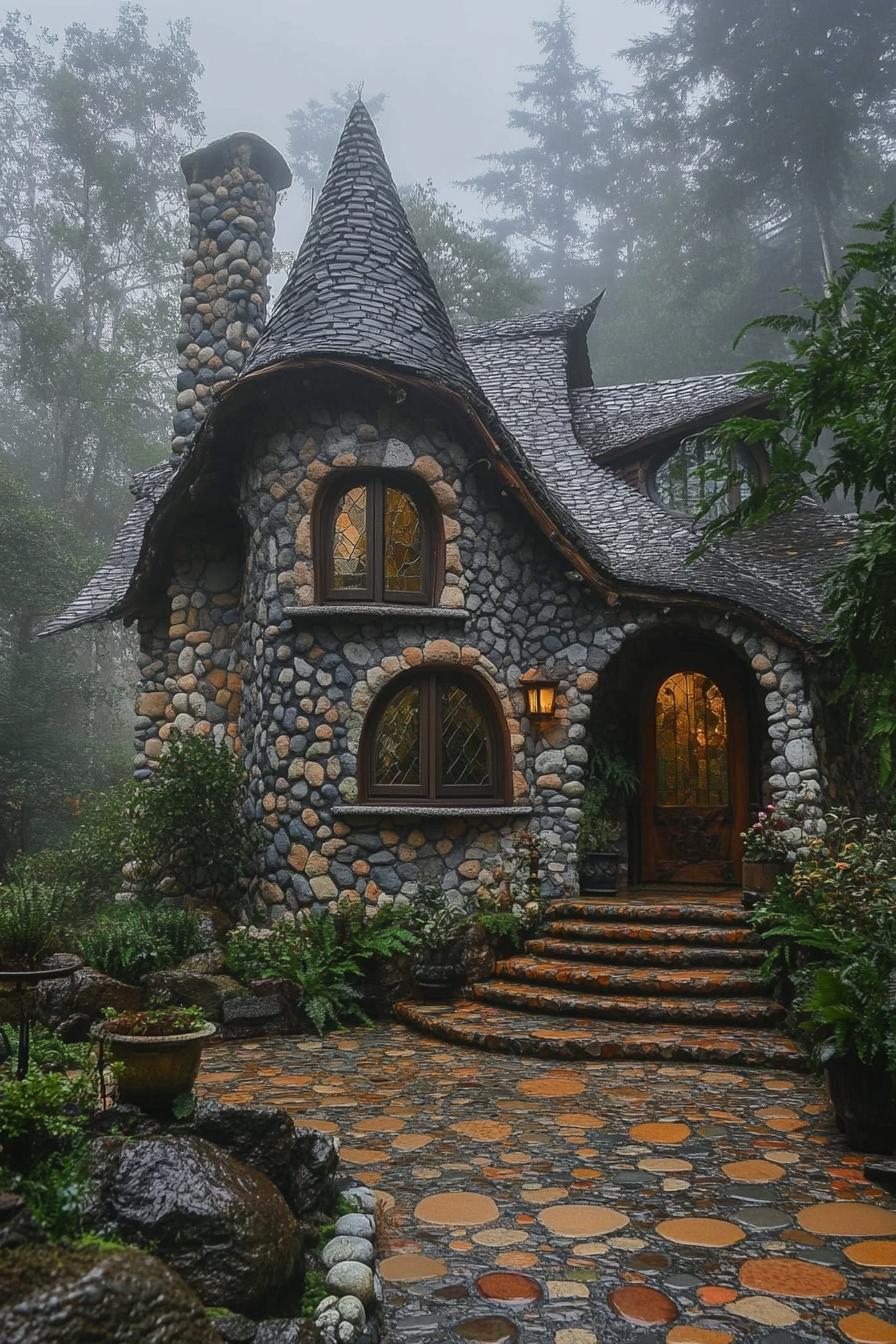 fairytale house with stone mosaic facade with a chimney rounded roof round windows arched door glass mosaics front entrance with steps facade