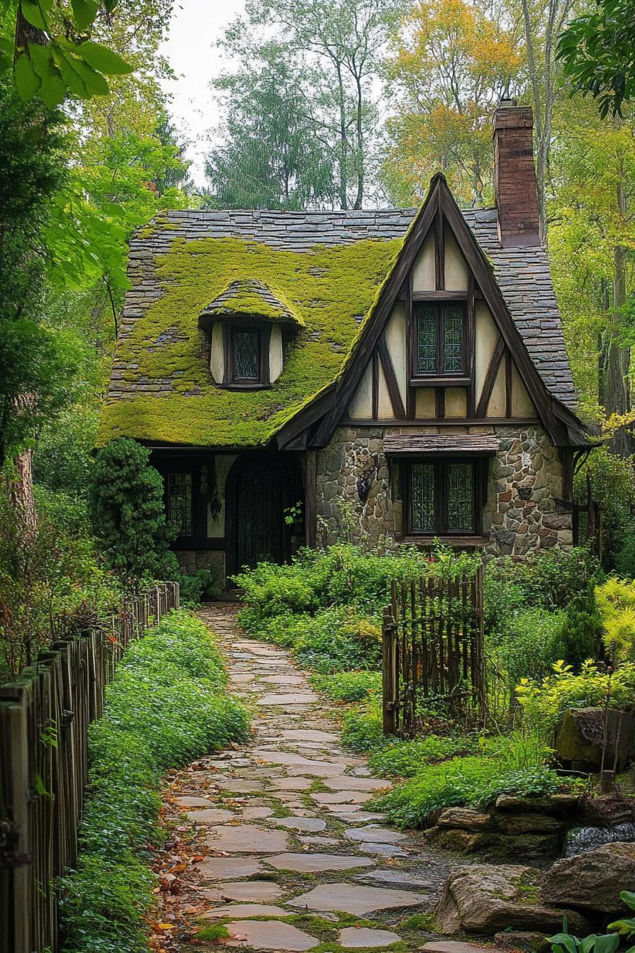 forest cottage with mossy roof Tudor style facade lush garden with stone path rustic fencing