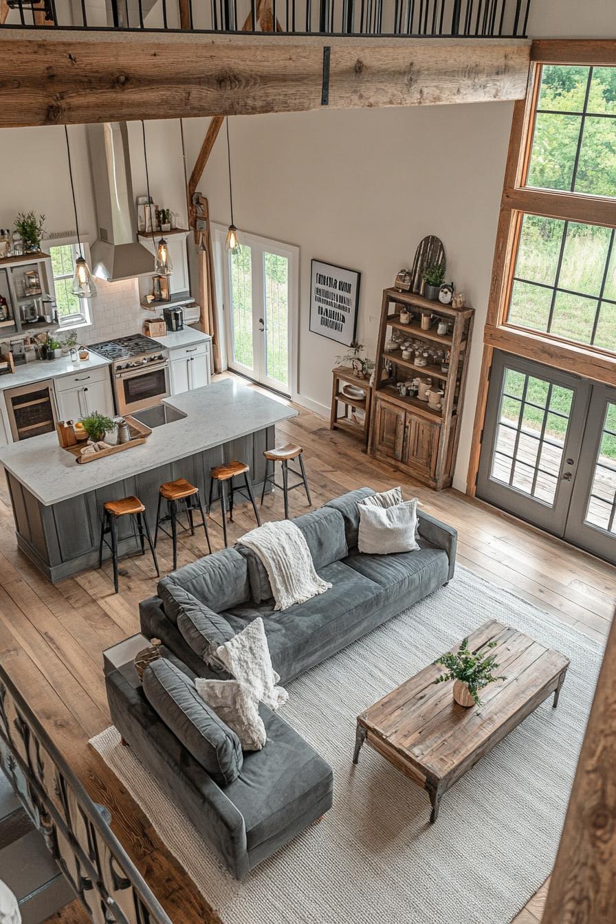 high angle view of a lofted barndominium interior farmhouse style with modern and rustic elements 2