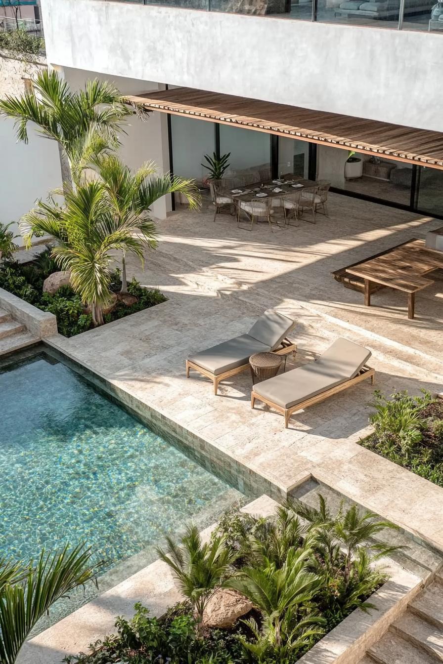 high angle view of a luxury marble house yard paved in stone tiles with a pool next to the pool is a covered lounge area the landscape has plant 1