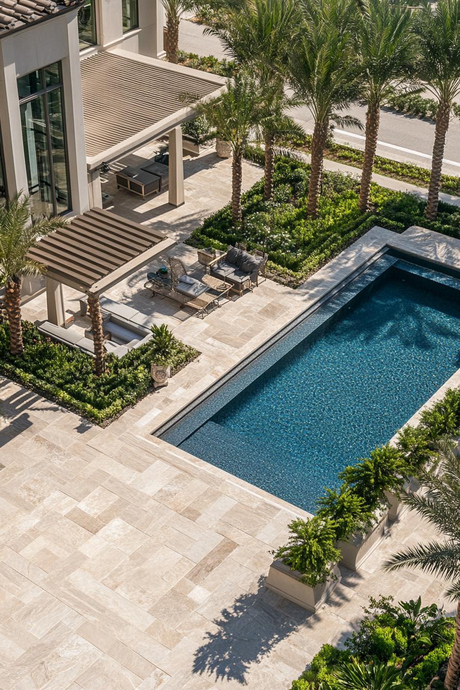 high angle view of a luxury marble house yard paved in stone tiles with a pool next to the pool is a covered lounge area the landscape has plant 2