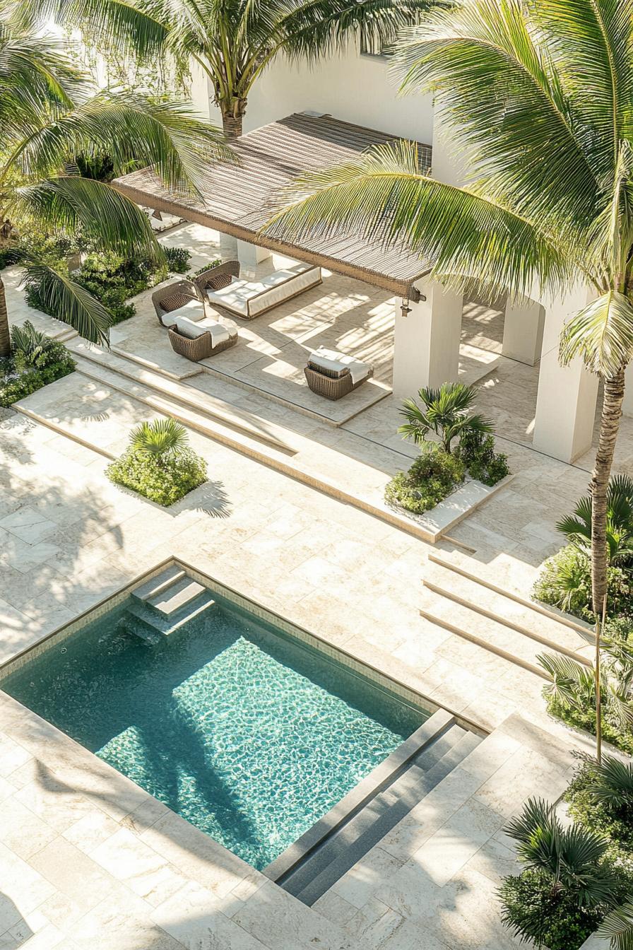 high angle view of a luxury marble house yard paved in stone tiles with a pool next to the pool is a covered lounge area the landscape has plant