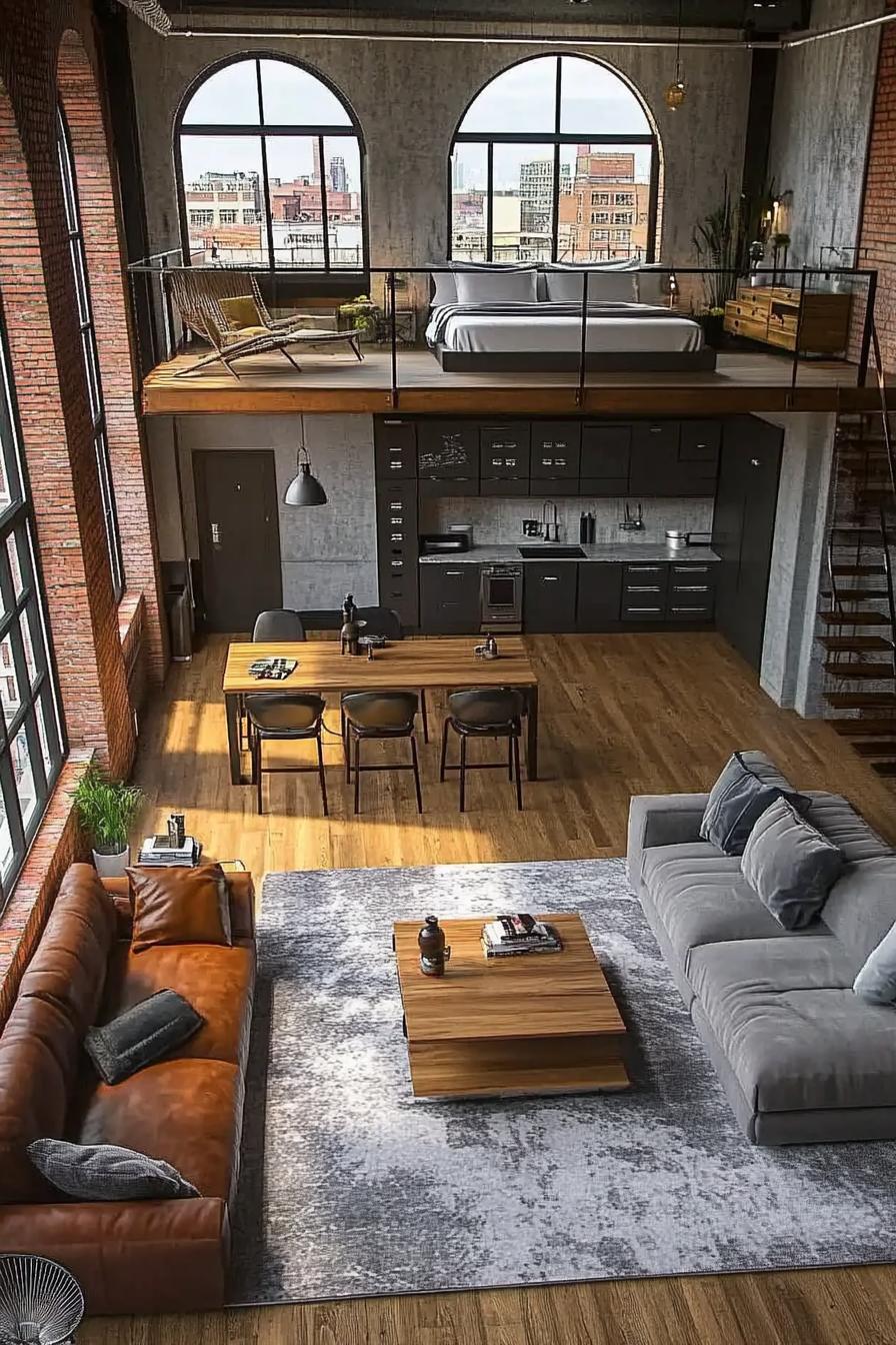 high angle view of industrial loft apartment with red brick wall with tall arched windows in black frames other walls are concrete it has lofted 1