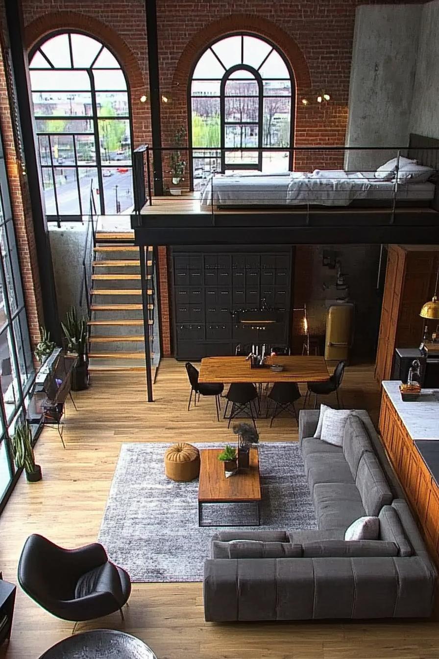 high angle view of industrial loft apartment with red brick wall with tall arched windows in black frames other walls are concrete it has lofted 2