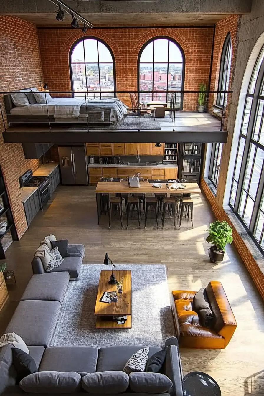 high angle view of industrial loft apartment with red brick wall with tall arched windows in black frames other walls are concrete it has lofted 3