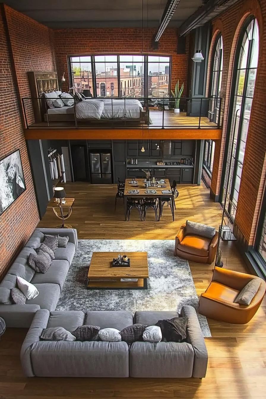 high angle view of industrial loft apartment with red brick wall with tall arched windows in black frames other walls are concrete it has lofted