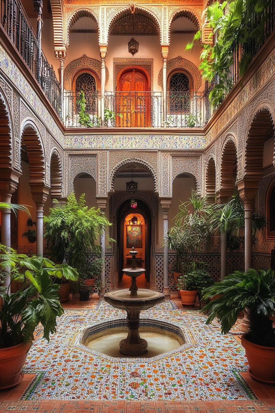 indoor moroccan courtyard with mosaic walls columns iron balconies with greenery potted ferns center fountain arched doors 1