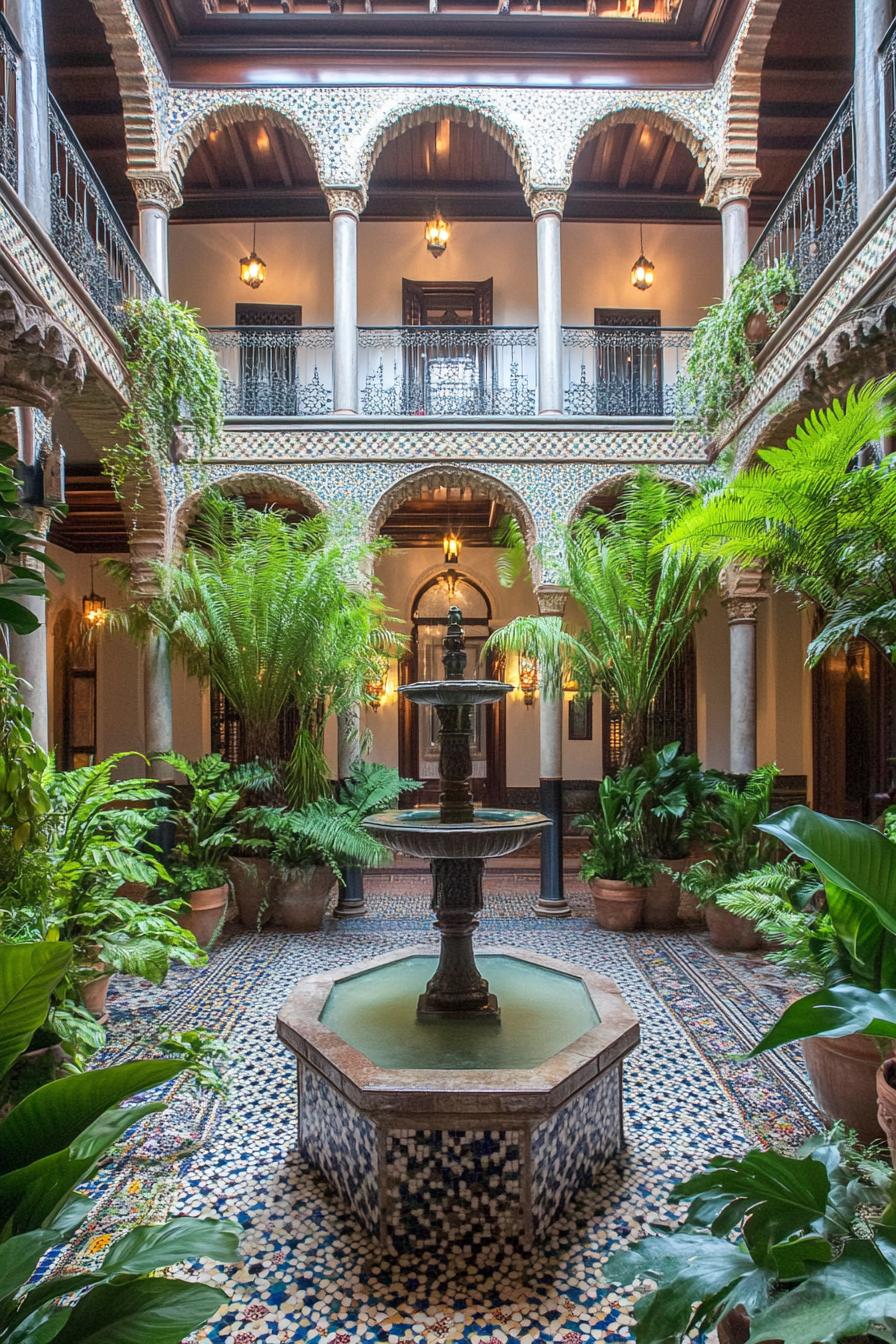 indoor moroccan courtyard with mosaic walls columns iron balconies with greenery potted ferns center fountain arched doors