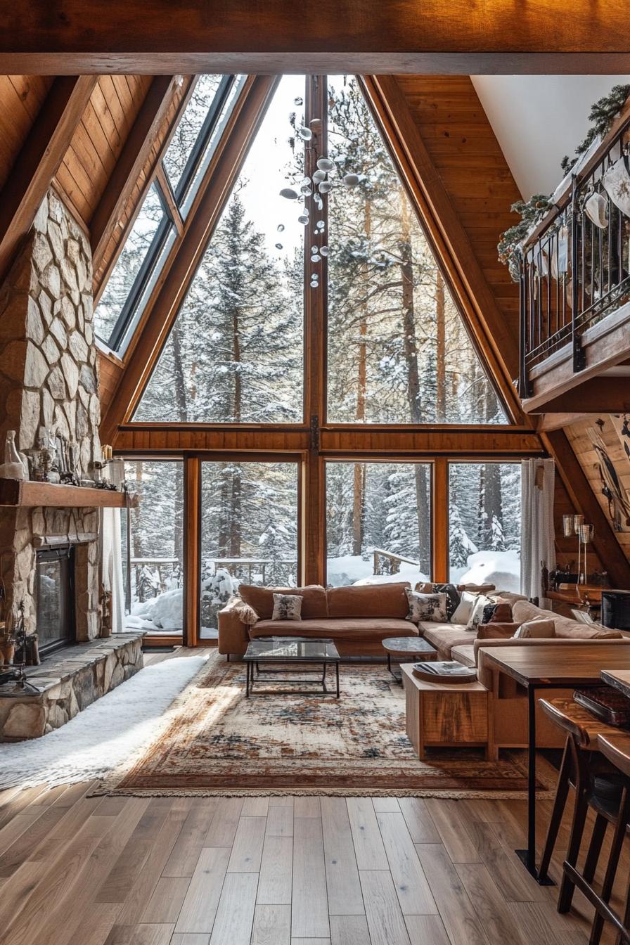 interior of a large a frame house open plan full wall windows overlooking a winter wonderland forest natural wood interior with exposed beams