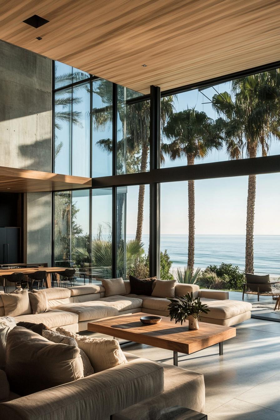 interior of a modern beach glass house. Spacious living area with floor to ceiling glass walls offering unobstructed views of the ocean. Clean 1