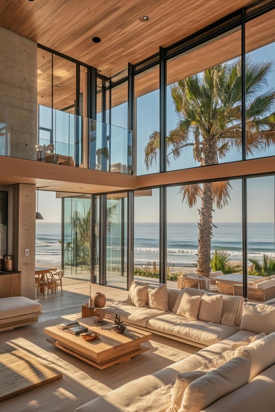 interior of a modern beach glass house. Spacious living area with floor to ceiling glass walls offering unobstructed views of the ocean. Clean 2