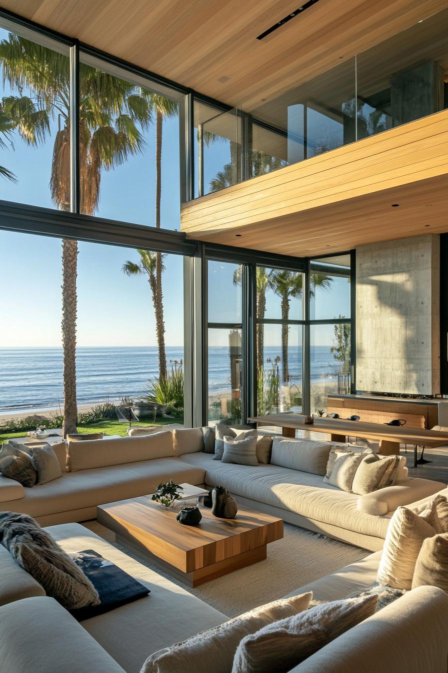 interior of a modern beach glass house. Spacious living area with floor to ceiling glass walls offering unobstructed views of the ocean. Clean 3