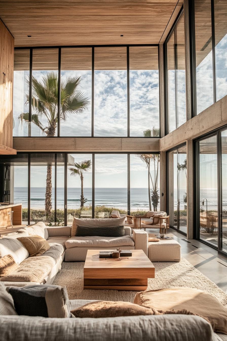 interior of a modern beach glass house. Spacious living area with floor to ceiling glass walls offering unobstructed views of the ocean. Clean